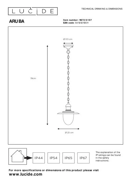 Lucide ARUBA - Pendant light Indoor/Outdoor - Ø 25 cm - 1xE27 - IP44 - Rust Brown - technical